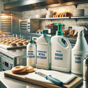 DALL·E 2024-01-14 23.49.54 – A clean and well-organized bakery kitchen, showcasing various cleaning products like low-foam neutral detergent, biodegradable neutral detergent, and