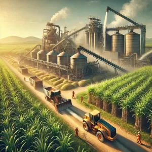 DALL·E 2024-10-23 17.21.16 – A scene of sugarcane harvesting in an industrial setting. The image shows vast fields of tall sugarcane plants being harvested by modern agricultural